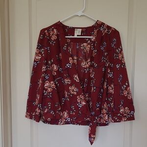 JAPNA Floral Wrap Blouse - Burgundy Size L